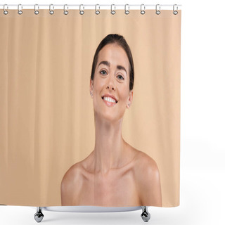 Personality  Happy Young Woman With Naked Shoulders Smiling At Camera Isolated On Beige, Beauty Concept Shower Curtains