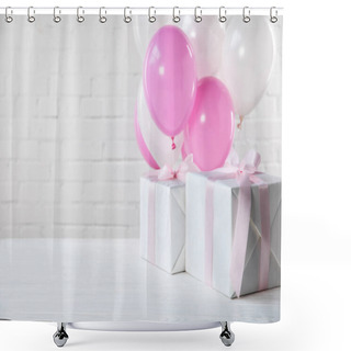 Personality  Presents On Table With White And Pink Balloons On White Brick Wall Background Shower Curtains