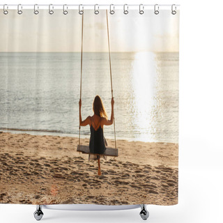 Personality  Back View Of Woman On Swing At Ocean Beach During Sunset Shower Curtains