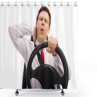Personality  Businessman Driving And Experiencing Neck Pain Shower Curtains