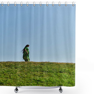 Personality  Summer, Ethnic Heritage, Young Indian Woman Under Blue Cloudless Sky In Green Field Shower Curtains