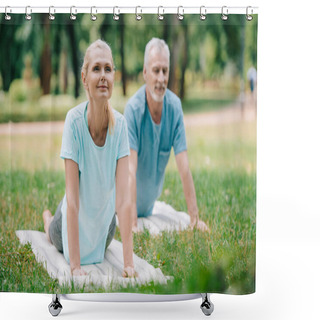 Personality  Smiling Man And Woman Practicing Relaxation Yoga Poses On Yoga Mats Shower Curtains