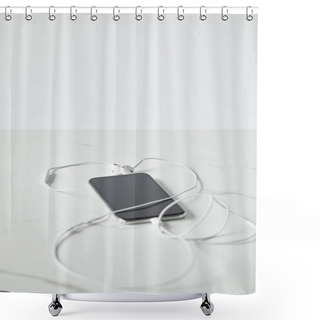 Personality  Selective Focus Of Smartphone With Blank Screen And Earphones Isolated On Grey Shower Curtains
