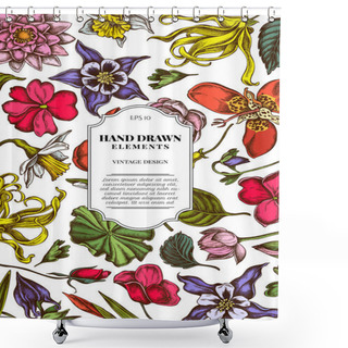 Personality  Card Design With Colored Ylang-ylang, Impatiens, Daffodil, Tigridia, Lotus, Aquilegia Shower Curtains