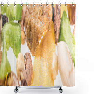Personality  Close Up View Of Turkish Assorted Nuts, Dried Fruits And Candied Fruit Isolated On White, Panoramic Shot Shower Curtains