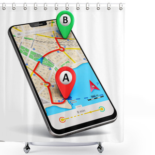 Personality  Creative Abstract GPS Satellite Navigation, Travel, Tourism And Location Route Planning Business Concept: 3D Render Illustration Of The Modern Black Glossy Touchscreen Smartphone Or Mobile Phone With Wireless Navigator City Map Service Internet Appli Shower Curtains