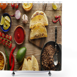 Personality  Top View Of Ingredients For Traditional Mexican Tacos On Wooden Surface Shower Curtains