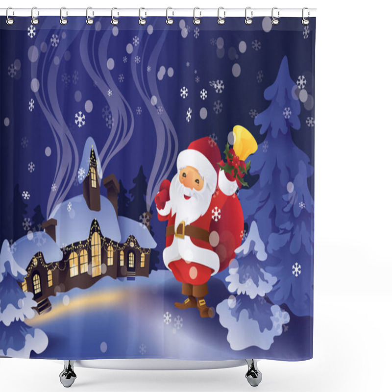 Personality  Winter Snowy Night In Christmas Village. Santa Claus With Gift Bag And Bell In Hand. Shower Curtains