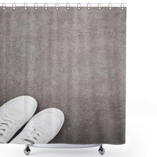 Personality  Top View Of Stylish White Shoes On Concrete Surface Shower Curtains