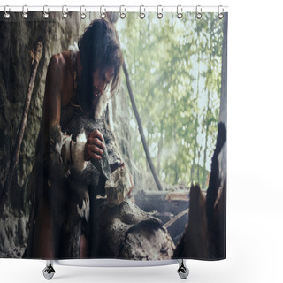 Personality  Primeval Caveman Wearing Animal Skin Hits Rock With Sharp Stone And Makes First Primitive Tool For Hunting Animal Prey Or To Handle Hides. Neanderthal Using Handax. Dawn Of Human Civilization Shower Curtains