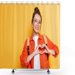 Personality  Happy Student In Eyeglasses Showing Heart Sign With Hands On Yellow Background Shower Curtains