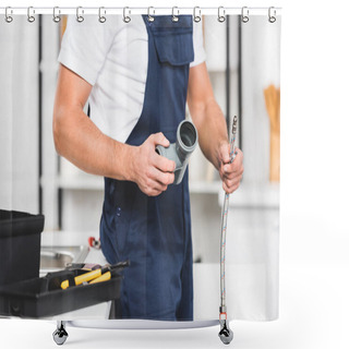 Personality  Cropped View Of Repairman Holding Pipes For Repairing Kitchen Faucet Shower Curtains