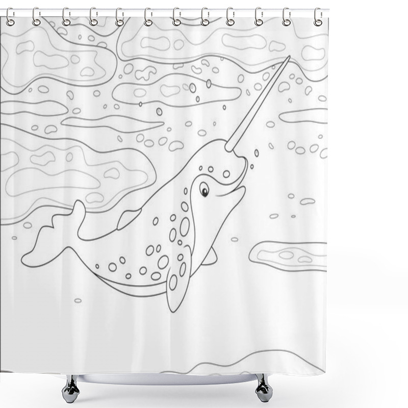 Personality  Spotted narwhal with a long tusk swimming under ice in a polar sea, black and white vector illustration in a cartoon style for a coloring book shower curtains