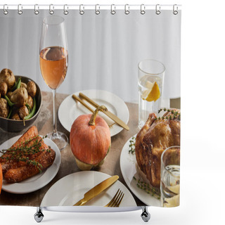 Personality  Thanksgiving Day Dinner With Baked Vegetables, Grilled Turkey And Glasses With Rose Wine And Lemon Water Isolated On Grey Shower Curtains