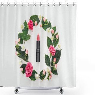 Personality  Top View Of Circular Composition With Green Leaves, Flowers And Pink Lipstick Isolated On White Shower Curtains