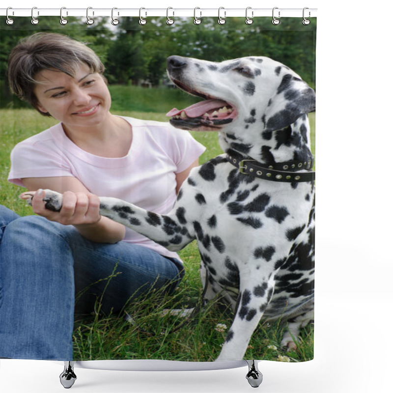 Personality  Woman Playing With The Dog In Park Shower Curtains