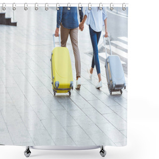 Personality  Cropped View Of Couple Of Tourists Holding Hands And Pulling Their Luggage Shower Curtains