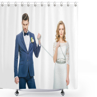 Personality  Groom Holding Shocked Young Bride On Chain Isolated On White Shower Curtains