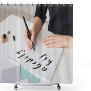 Personality  Portrait Of Young Woman Hands Writing Alphabet On Paper On Desk  Isolated Shower Curtains