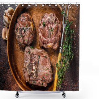 Personality  Fried Lamb Neck Meat Steaks In A Wooden Plate With Herbs. Dark Background. Top View Shower Curtains