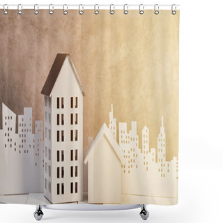 Personality  Houses Models On White Wooden Table Near White Paper Cut City In Sunlight, Real Estate Concept Shower Curtains