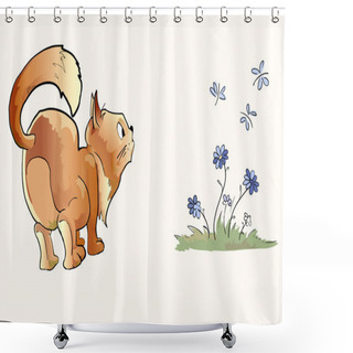 Personality  Surprised Cat Looking At Butterflies. Vector Illustration. Shower Curtains