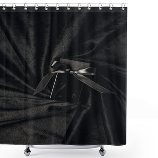 Personality  Top View Of Black Perfume Bottle With Ribbon And Bow On Black Fabric Shower Curtains