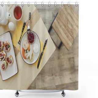Personality  Top View Of Healthy Delicious Breakfast With Tea Set On Wooden Table   Shower Curtains