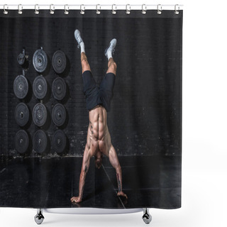 Personality  Young Strong Fit Muscular Man Doing Hand Stand And Walk In The Gym As Hardcore Cross Workout Training Shower Curtains
