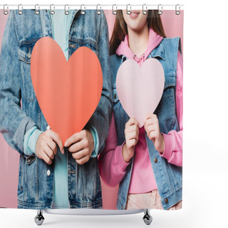 Personality  Cropped View Of Teenagers Holding Papers Harts Isolated On Pink Shower Curtains