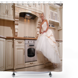 Personality  Beautiful Bride Stands In The Kitchen Shower Curtains