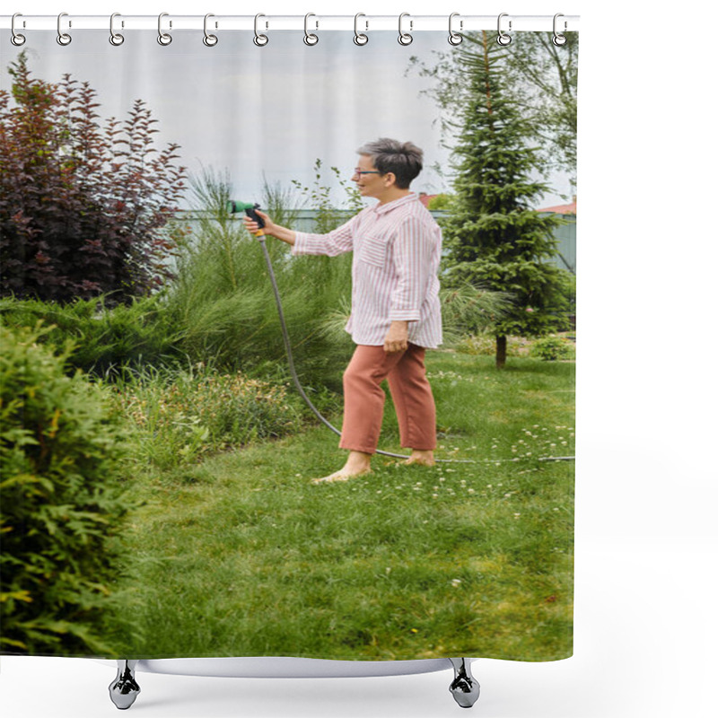 Personality  Good Looking Cheerful Mature Woman With Glasses Using Hose To Water Her Lively Plants In Her Garden Shower Curtains