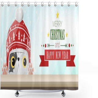 Personality  Merry Christmas And Happy New Year Background With Cat Looking At Empty Table Top , Vector , Illustration Shower Curtains
