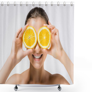 Personality  Young Smiling Woman With Orange Slices On Eyes Shower Curtains
