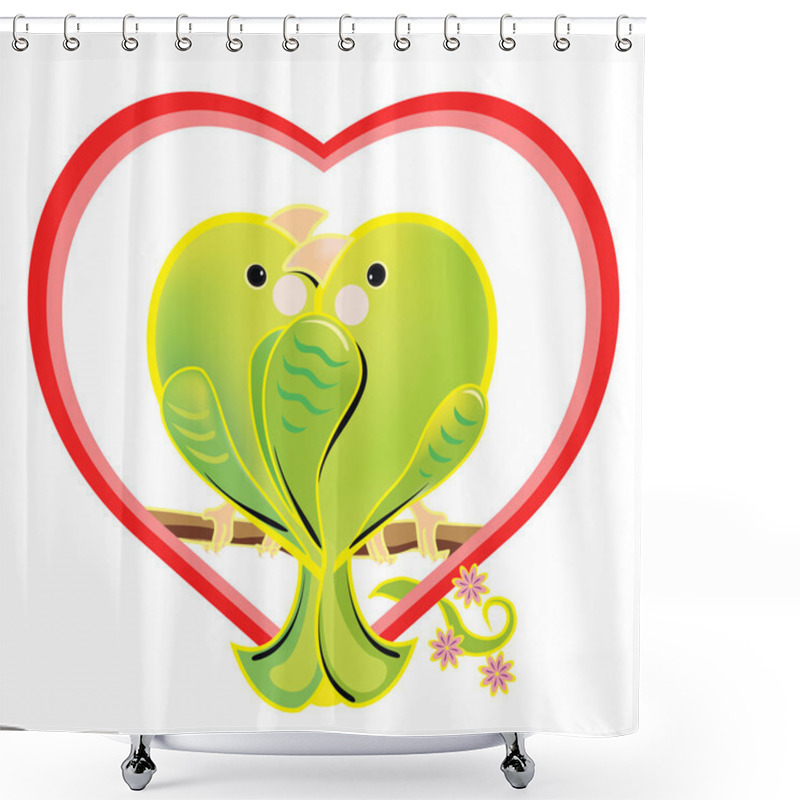 Personality  Vector Illustration Of A Amorous Green Parrots. The Romantic Cartoon Love Birds Sitting On A Branch. Bright Enamored Birds Couple In A Heart Shape On White Background. Shower Curtains