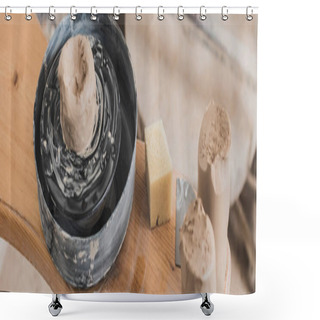 Personality  High Angle View Of Wet Piece Of Clay On Pottery Wheel And Sponge On Wooden Bench In Art Studio, Banner Shower Curtains