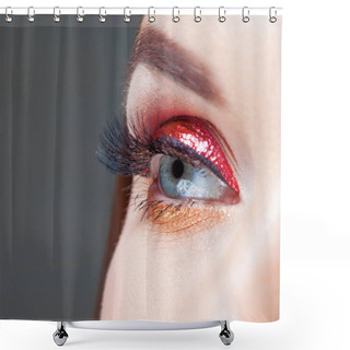 Personality  Amazing Bright Eye Makeup In Luxurious Red Arrow. Red And Gold Shining Tones, Eye Shadow. Shower Curtains