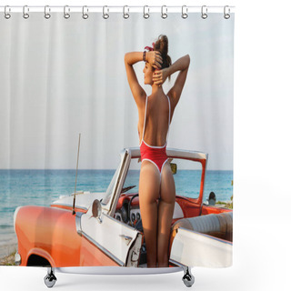 Personality  Vacations In Cuba. Sexy Woman Wearing Red Swimsuit In Retro Cabriolet Car On The Beach.  Shower Curtains