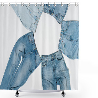 Personality  Top View Of Empty Frame From Various Blue Jeans On White Background Shower Curtains