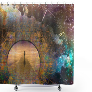 Personality  Man On Path And Doorway With Aged Clock Shower Curtains