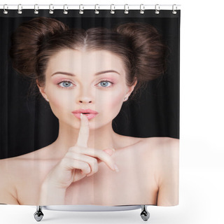 Personality  Silent And Shushing. Woman Holding Her Finger To Her Lips In A G Shower Curtains