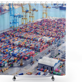 Personality  Barcelona Harbor, Spain, August, 25, 2022: Thousands Of Containers Of Goods Waiting To Be Loaded By The Cranes On The Ships Shower Curtains