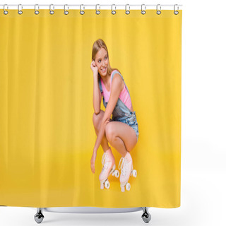 Personality  Portrait With Copyspace Empty Place Of Cute Lovely Girl On Roller Skates Sitting Looking Away Isolated On Yellow Background Shower Curtains
