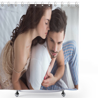 Personality  Young Woman In Pajamas Hugging Boyfriend On Bed At Home Shower Curtains