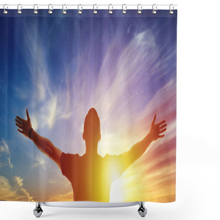 Personality  Young Man Standing Outstretched At Sunset. Bright Solar Glow And Sky Shower Curtains