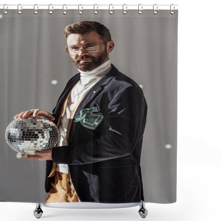 Personality  Handsome Man In Glasses Holding Disco Ball And Looking At Camera On Grey Background Shower Curtains