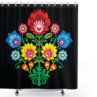 Personality  Polish Folk Embroidery With Flowers - Traditional Pattern On Black Background Shower Curtains