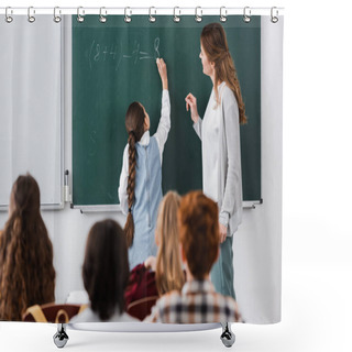 Personality  Teacher Near Schoolgirl Writing On Chalkboard, And Pupils On Blurred Foreground Shower Curtains
