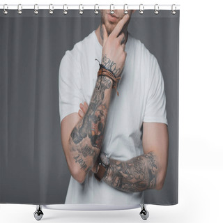 Personality  Cropped Shot Of Stylish Young Tattooed Man In White T-shirt Standing With Hand On Chin Isolated On Grey Shower Curtains