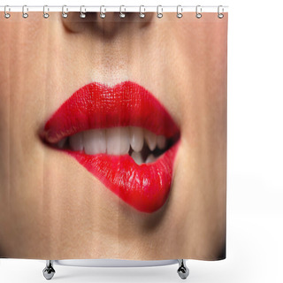 Personality  Close Up Of Woman With Red Lipstick Biting Lip Shower Curtains